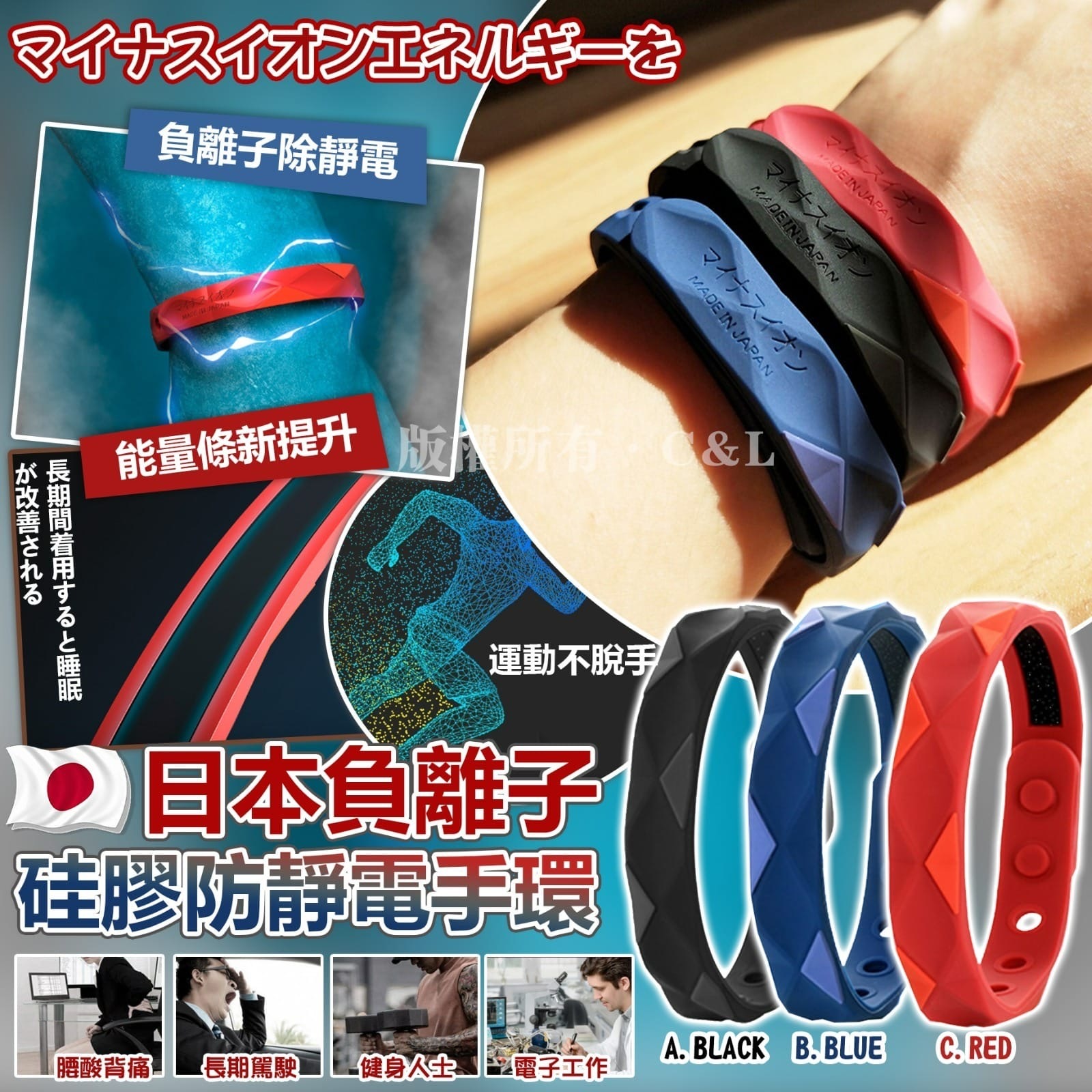 日本負離子硅膠防靜電手環