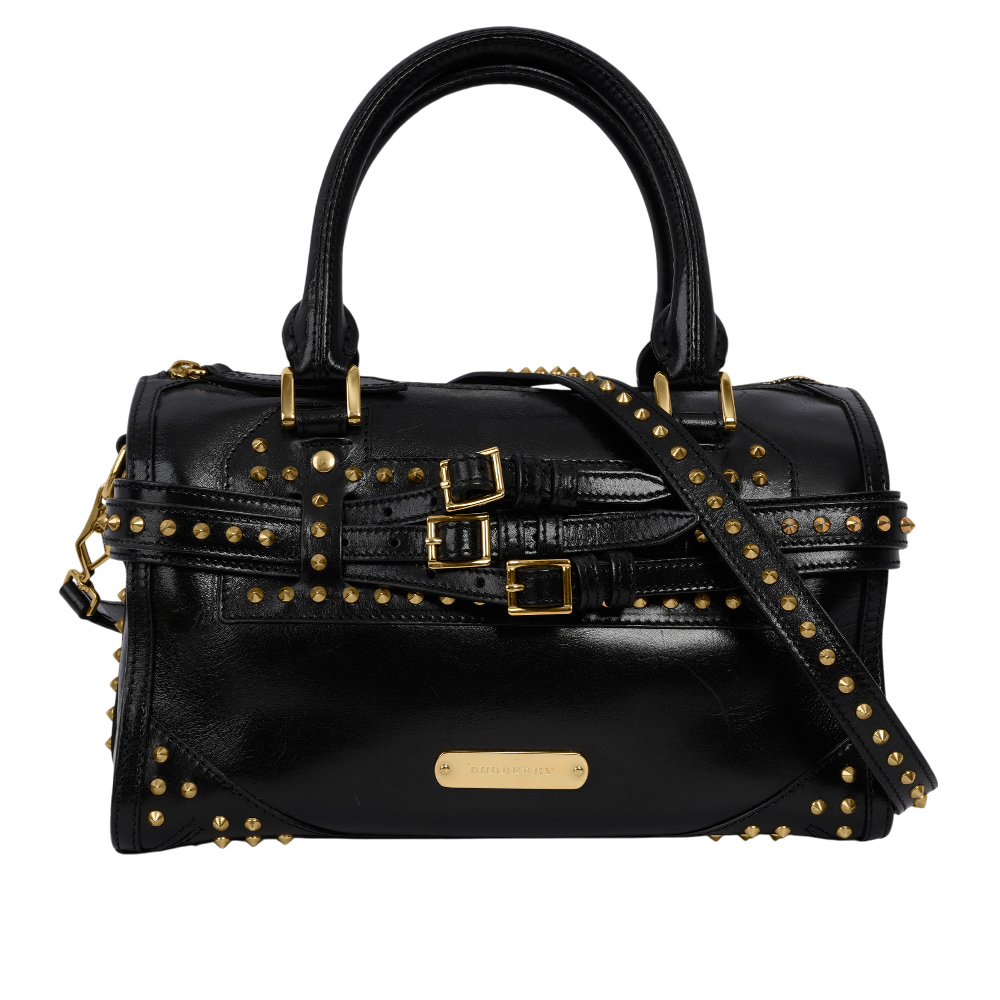 【BURBERRY】Alchester 鉚釘造型牛皮中款保齡球二用包(黑色) 38585091