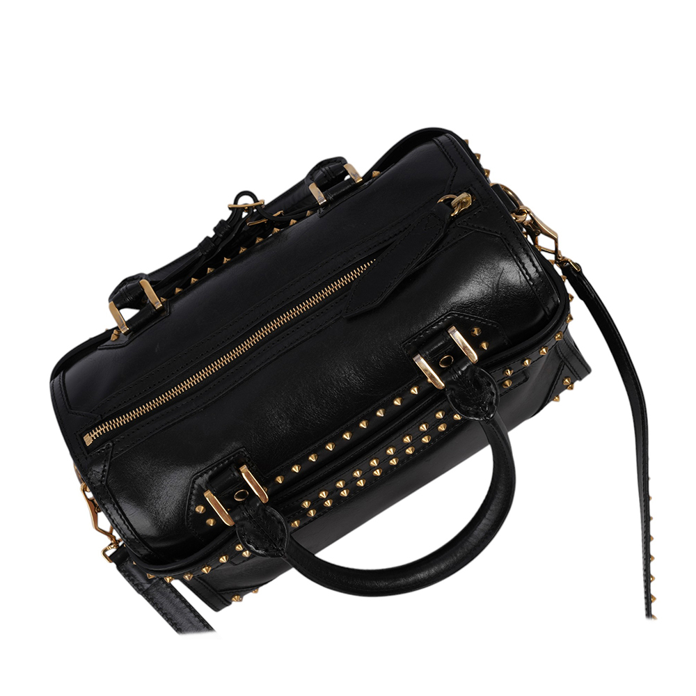 【BURBERRY】Alchester 鉚釘造型牛皮中款保齡球二用包(黑色) 38585091