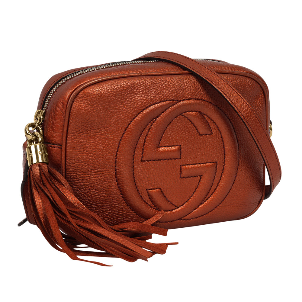 【GUCCI】SOHO DISCO 皮革流蘇小方型斜背包/相機包(古銅橘) 308364 A7M0G