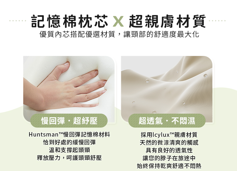 記憶棉枕芯超親膚材質優質內芯搭配優選材質,讓頸部的舒適度最大化慢回彈超紓壓Huntsman慢回彈記憶棉材料恰到好處的緩慢回彈溫和支撐起頭頸釋放壓力,呵護頭頸舒壓超透氣不悶濕採用lcylux™親膚材質天然的微涼清爽的觸感具有良好的透氣性讓您的脖子在旅途中始終保持乾爽舒適不悶熱