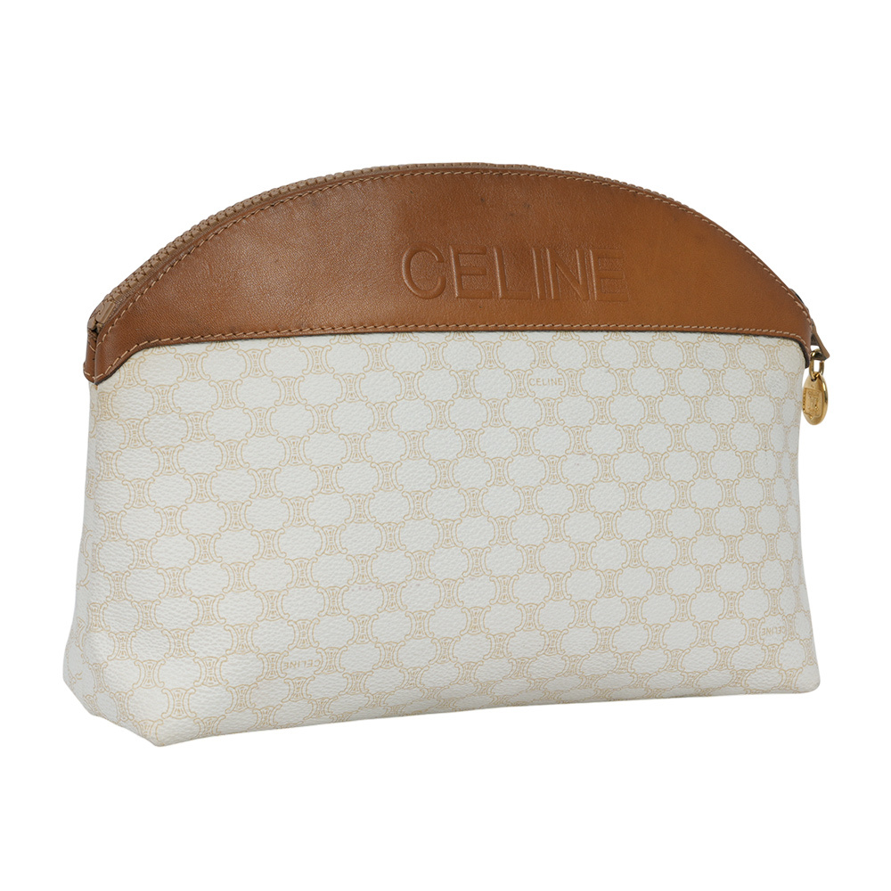 【CELINE】Vintage 凱旋圖案塗層帆布化妝包/手拿包(焦糖色/米色) CE16000004