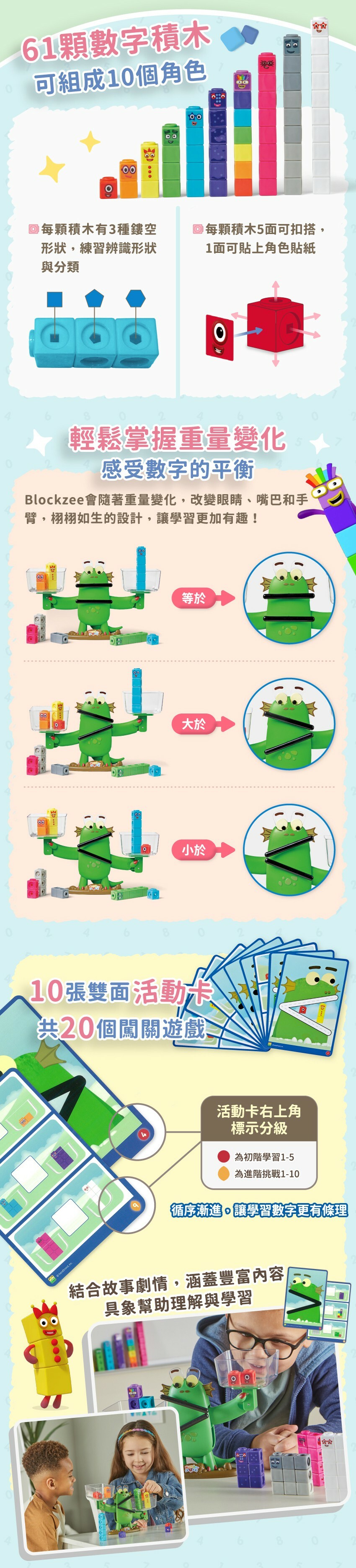 61顆數字積木,可組成10個角色。輕鬆掌握重量變化,感受數字的平衡。10張雙面活動卡,共20個闖關遊戲。結合故事劇情,涵蓋豐富內容,具象幫助理解與學習