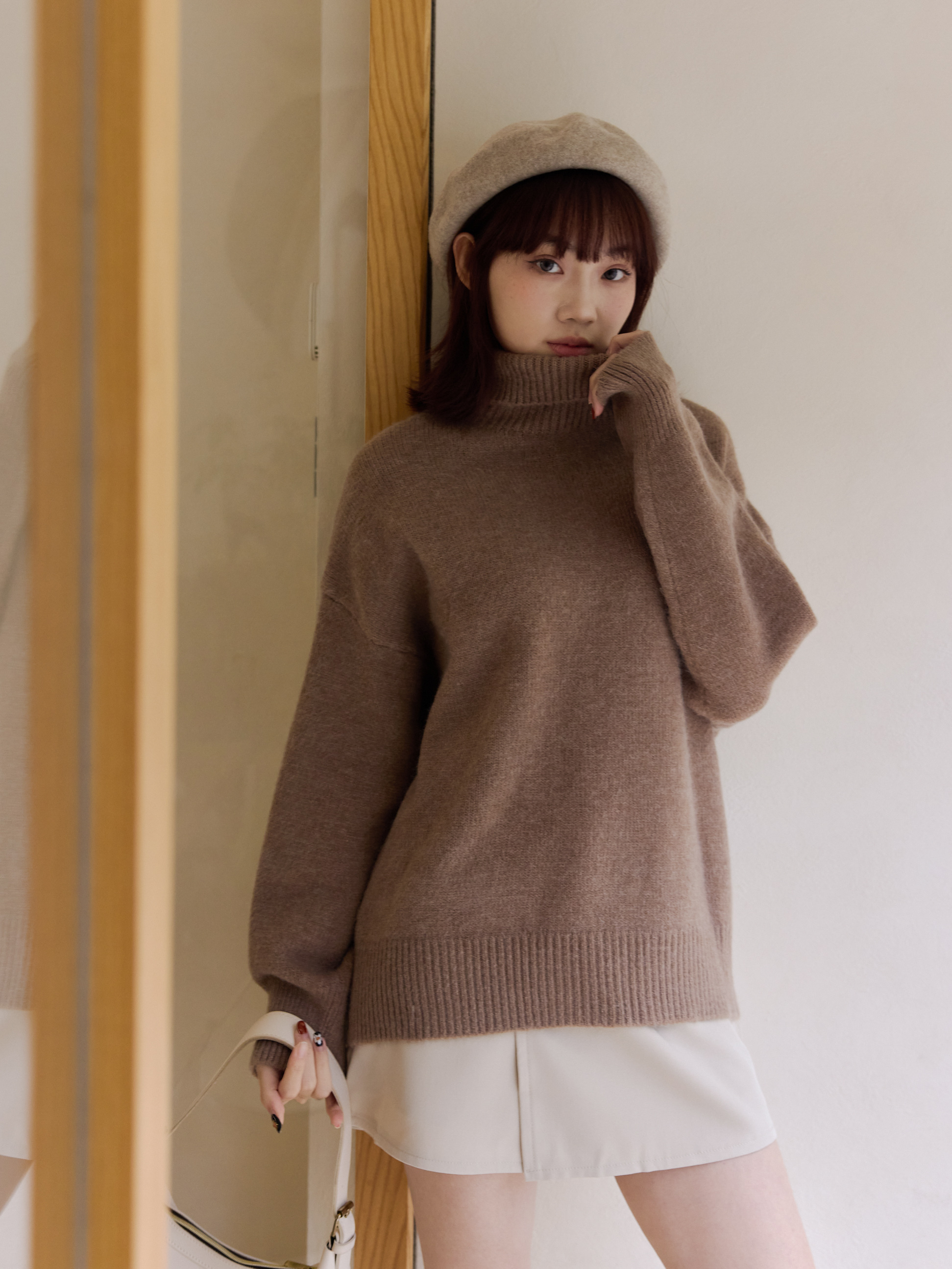 慵懶中高領坑紋長版毛衣