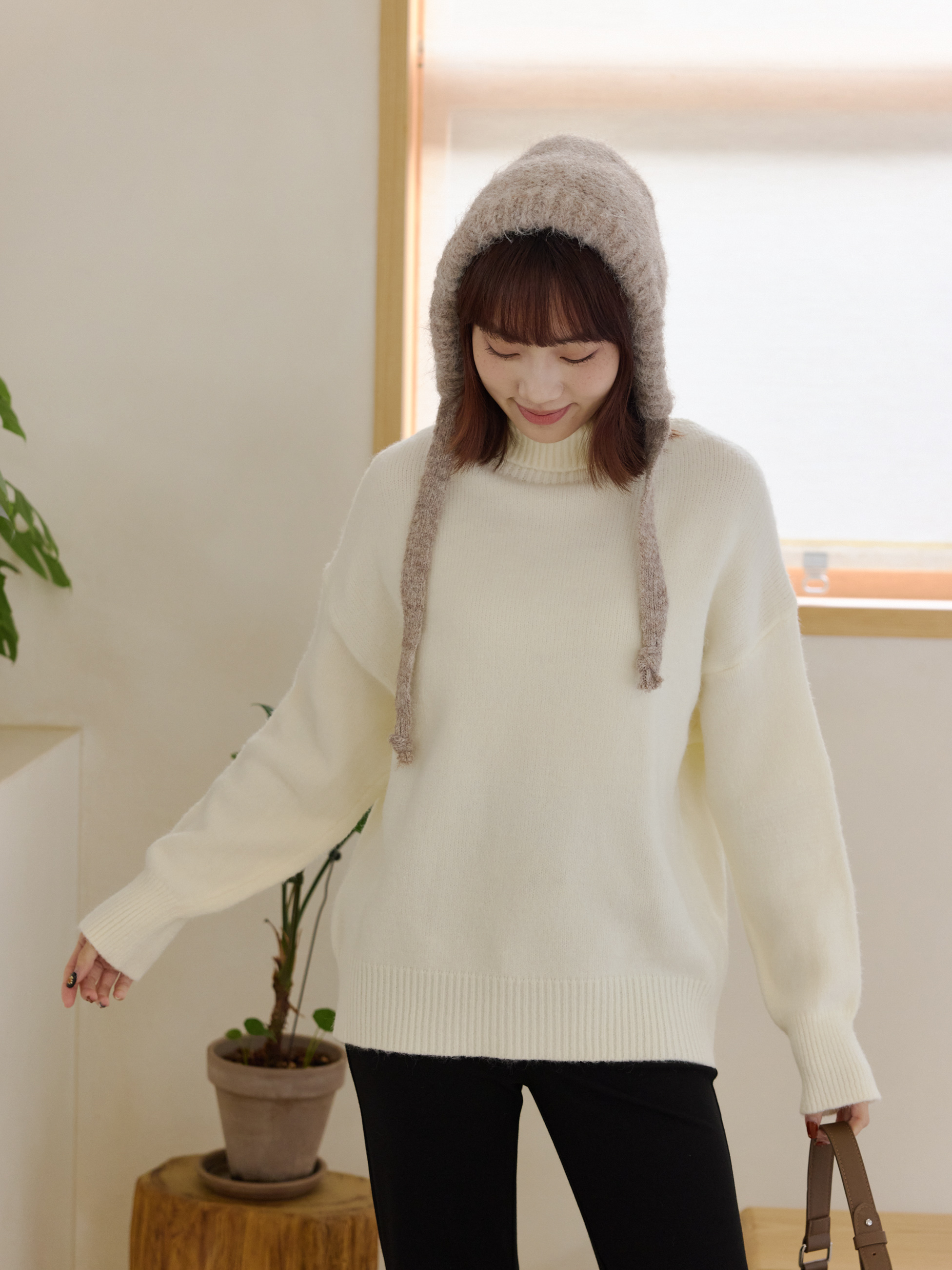 慵懶中高領坑紋長版毛衣