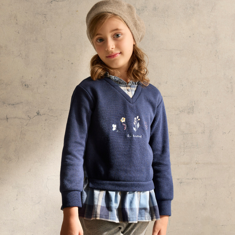 PIPPY高雅格紋繡花假兩件長袖上衣 藍