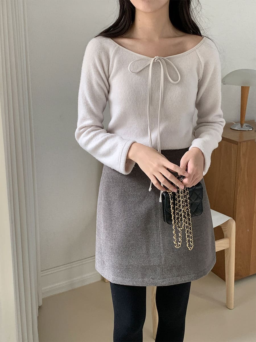 韓國Cherrykoko授權 質感大圓領絨毛感蝴蝶結綁帶上衣