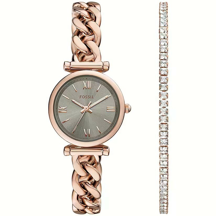 【Fossil】Carlie優雅玫瑰金羅馬時刻手錶手鍊套組 ES5378SET 28mm 現代鐘錶