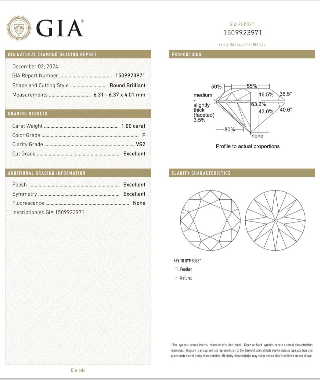GIA鑽石 1.00 F VS2 3EX NON