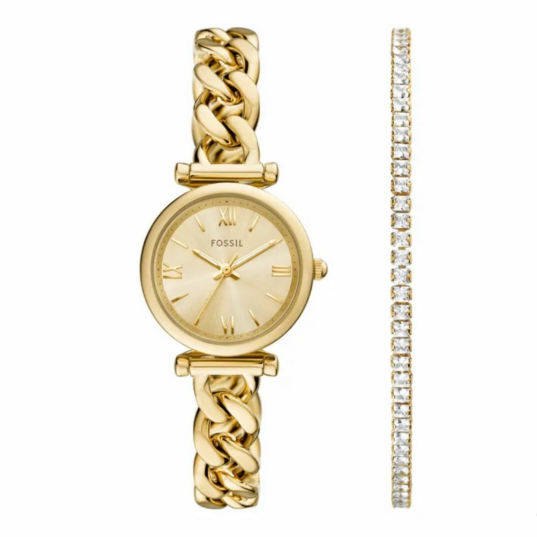 【Fossil】Carlie優雅金羅馬時刻手錶手鍊套組 ES5387SET 28mm 現代鐘錶
