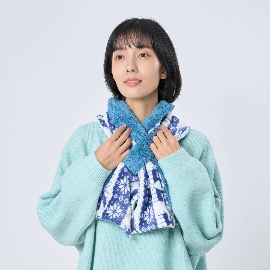 雙色雙面抓絨毛圍巾/麋鹿藍【寒流保暖對策- 聖誕禮物】