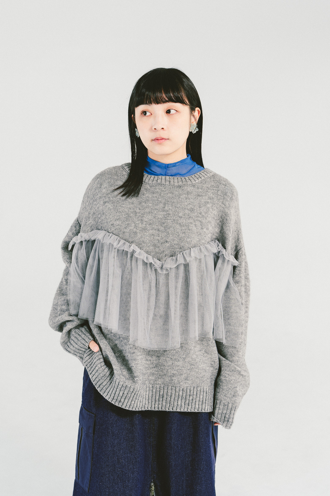 與小島相擁！薄紗拼接針織衣(兩色-木炭灰)