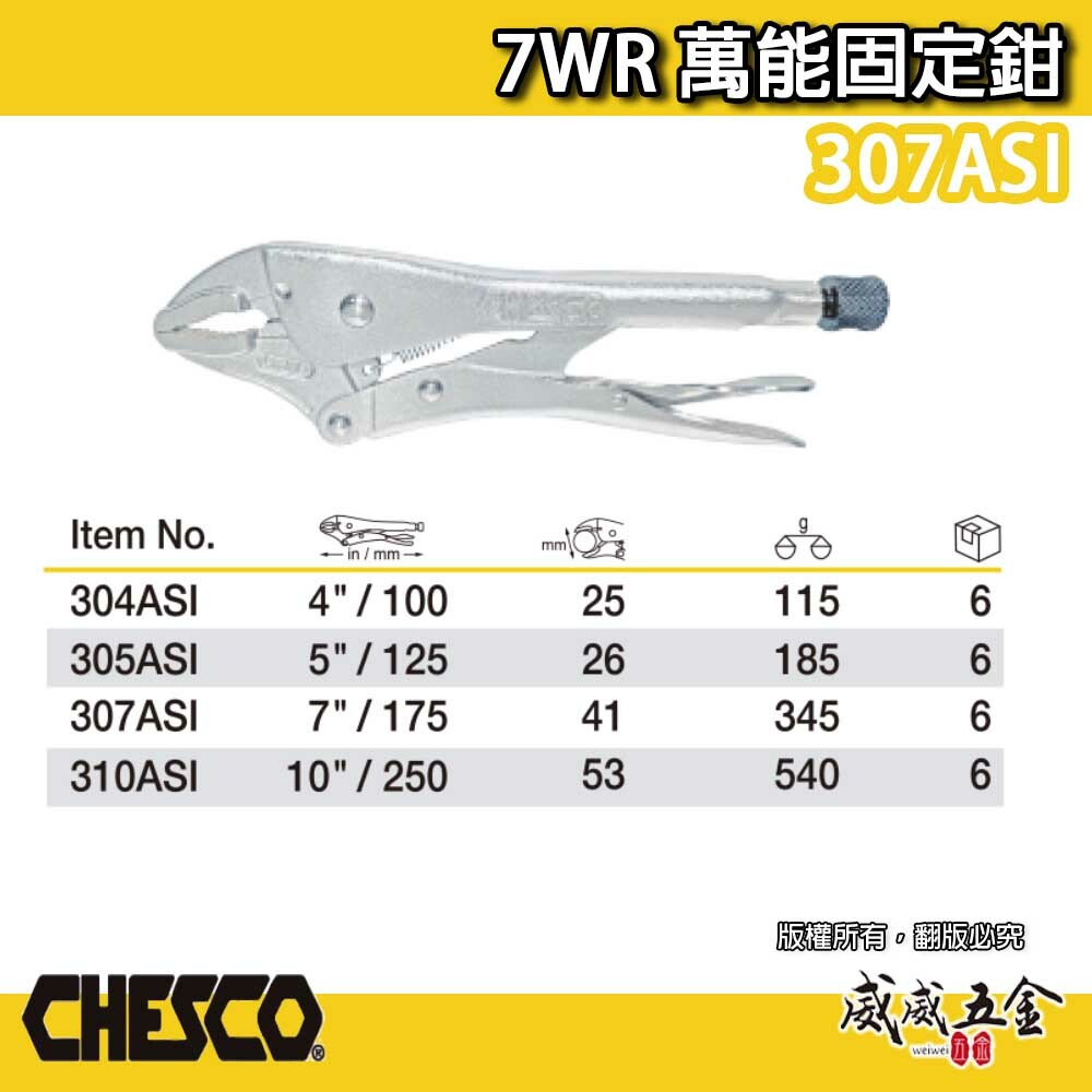 CHESCO 台灣製｜7WR｜7吋 鐵柄強力夾齒萬能鉗 7" 萬能固定鉗 固定夾鉗 曲口大力鉗｜307ASI