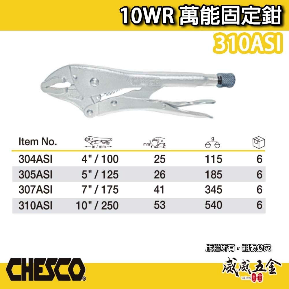 CHESCO 台灣製｜10WR｜10吋鐵柄強力夾齒萬能鉗 10" 萬能固定鉗 夾鉗 曲口大力鉗｜310ASI