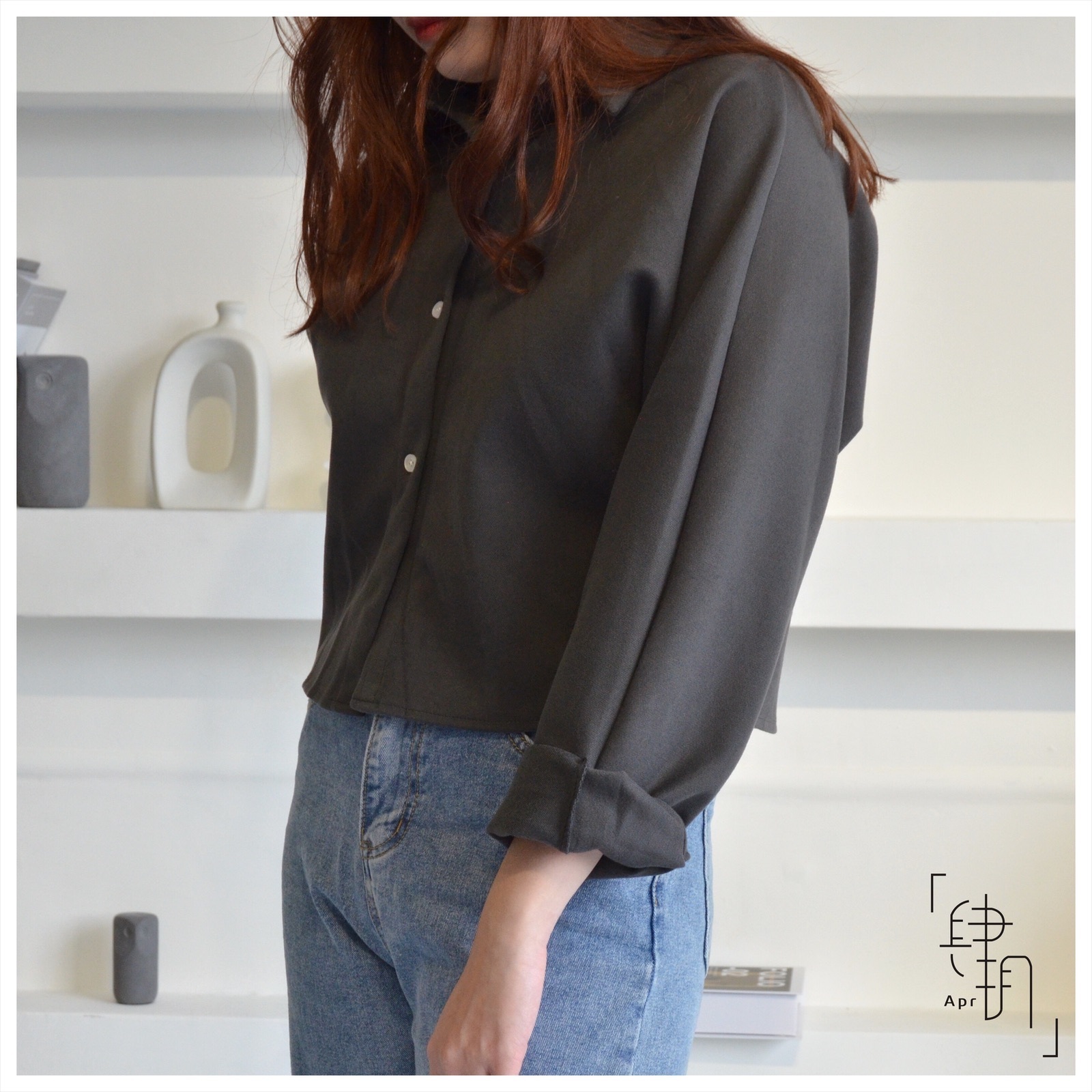 飛鼠袖 短版上衣長袖上衣 襯衫 厚磅材質 上衣 女裝 淺灰/鐵灰