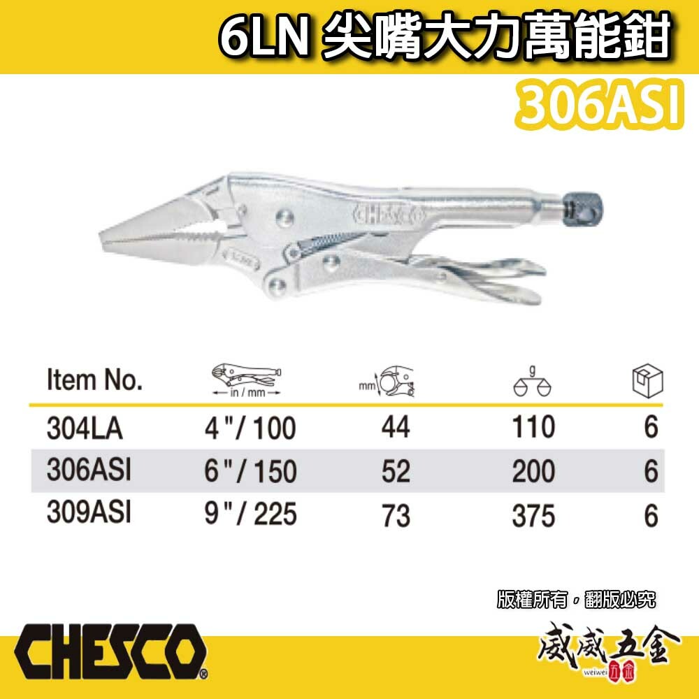 CHESCO 台灣製｜6LN｜6吋鐵柄尖嘴大力萬能鉗 6" 尖嘴型夾鉗 萬能固定夾鉗 尖口固定鉗｜306AS