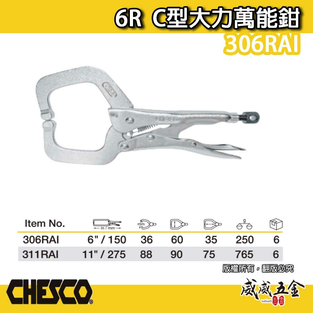 CHESCO 台灣製｜6R｜6" 鐵柄大開口夾鉗 C型萬能鉗 6吋C型大力鉗 鐵鉗 萬能固定鉗｜306RAI