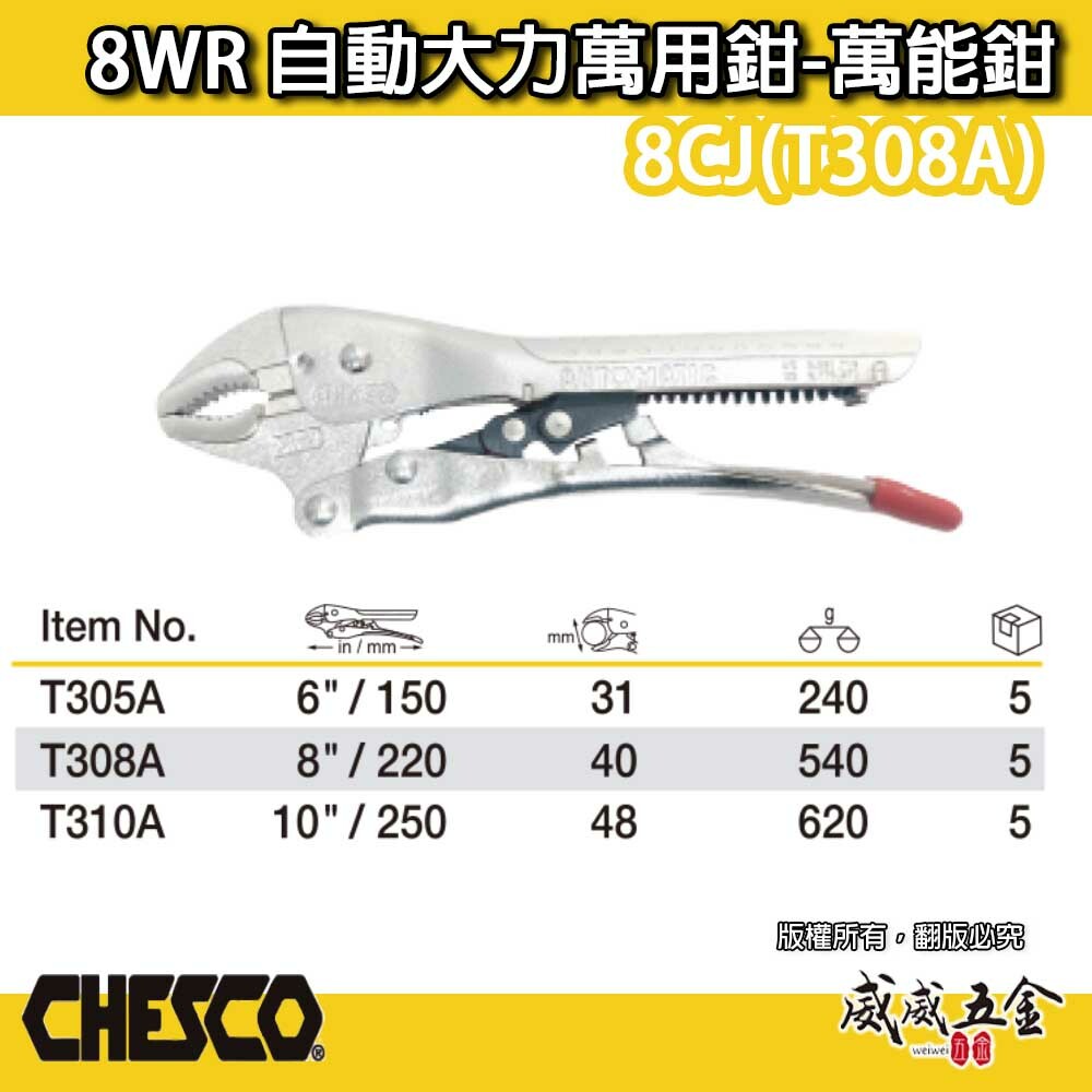CHESCO 台灣製｜8WR｜8"手動型夾鉗 自動大力萬用鉗 鐵柄固定鉗 免調整萬能鉗 ｜8CJ｜T308A