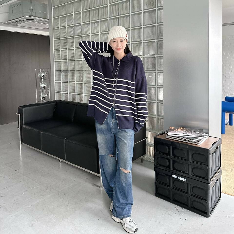 雙拉鏈條紋針織外套 (2colors)