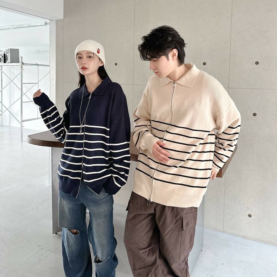 雙拉鏈條紋針織外套 (2colors)