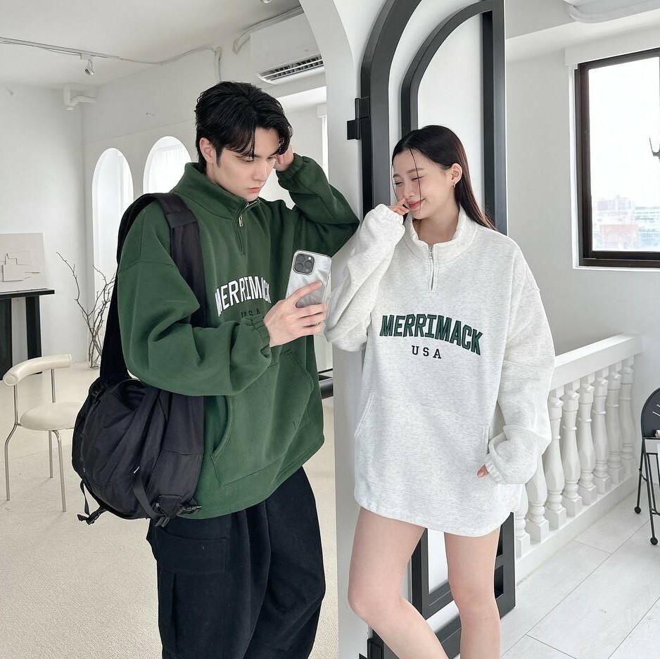 MERRIMACK半高領拉鍊刺繡刷毛大學Tee (2colors)