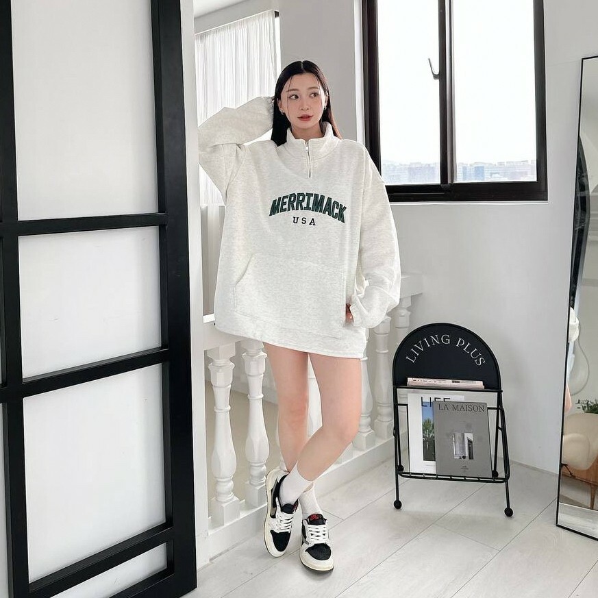 MERRIMACK半高領拉鍊刺繡刷毛大學Tee (2colors)