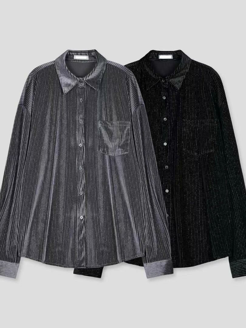 淨色銀線直紋長袖恤衫 S2302