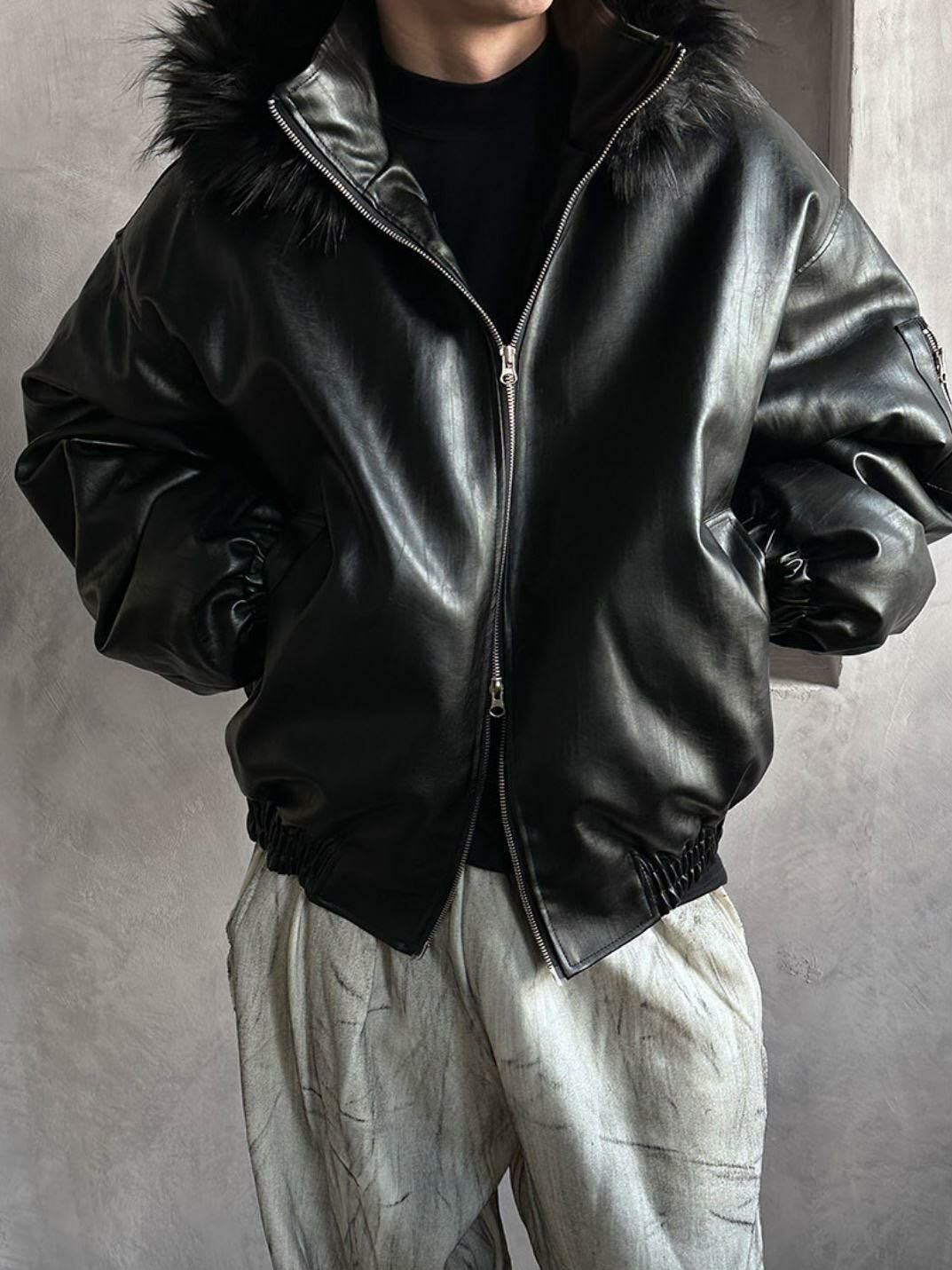 毛毛帽拉鍊合成皮褸(夾棉) JK2587