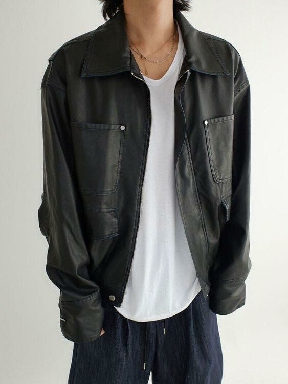 反領拉鍊合成皮褸 TAC-0061JK