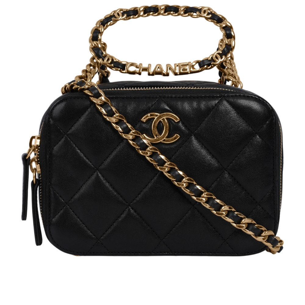 CHANEL】23C Logo 圓環提把二用雙拉鍊化妝箱(黑色)