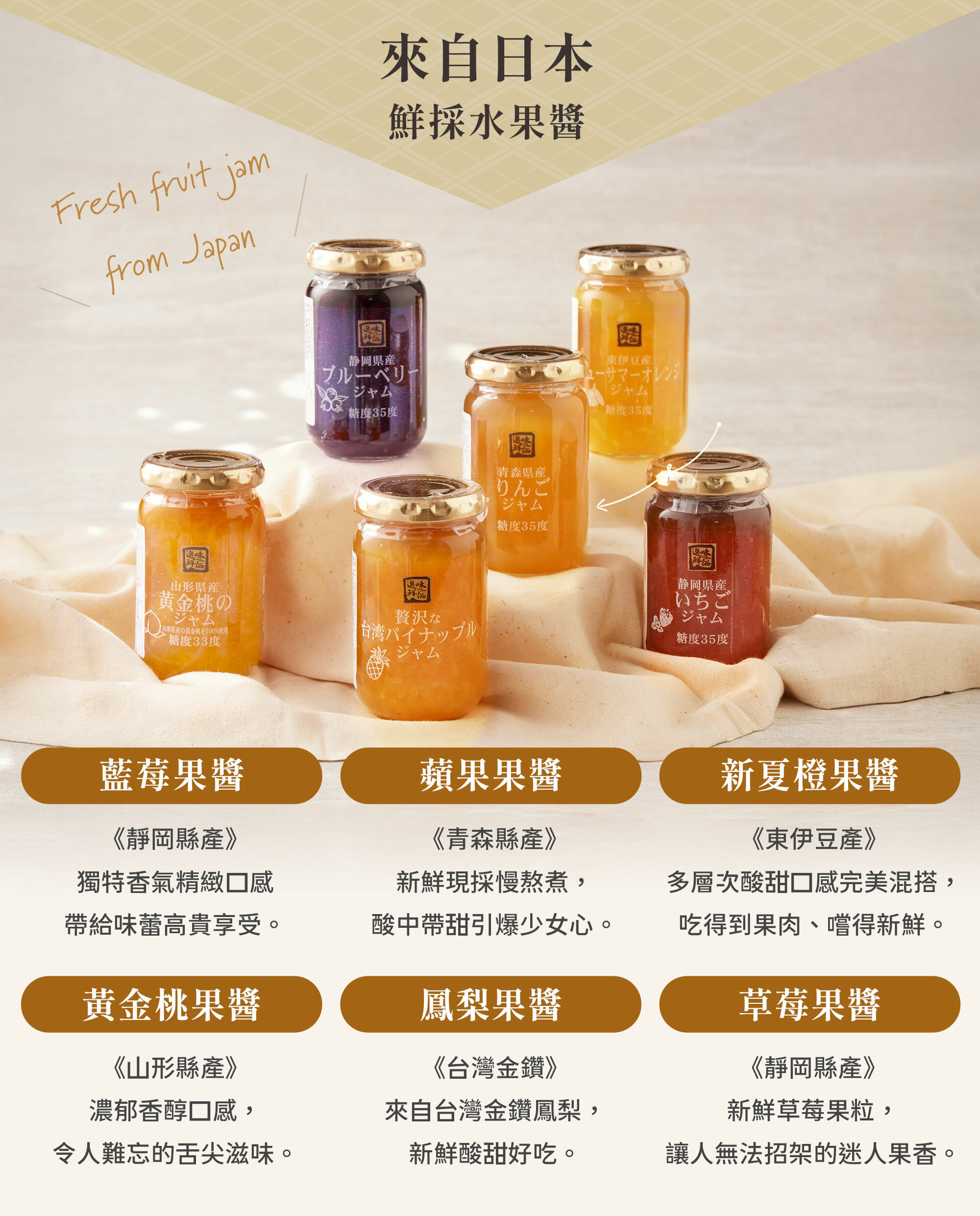 藍莓果醬、蘋果果醬、新夏橙果醬、黃金桃果醬、鳳梨果醬、草莓果醬
