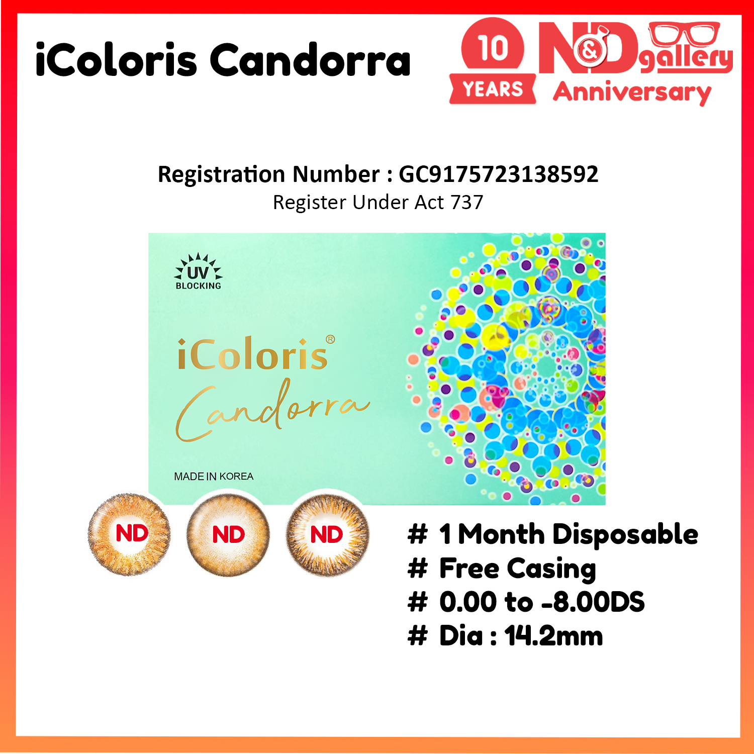 Bionics iColoris Candorra 1 Month Disposable 14.2mm 2 pcs/box 0.00 to -8.00 ( Shimmer Brown , Shiny Brown ,Smokey Brown)  MDA No : GB9175723-138592