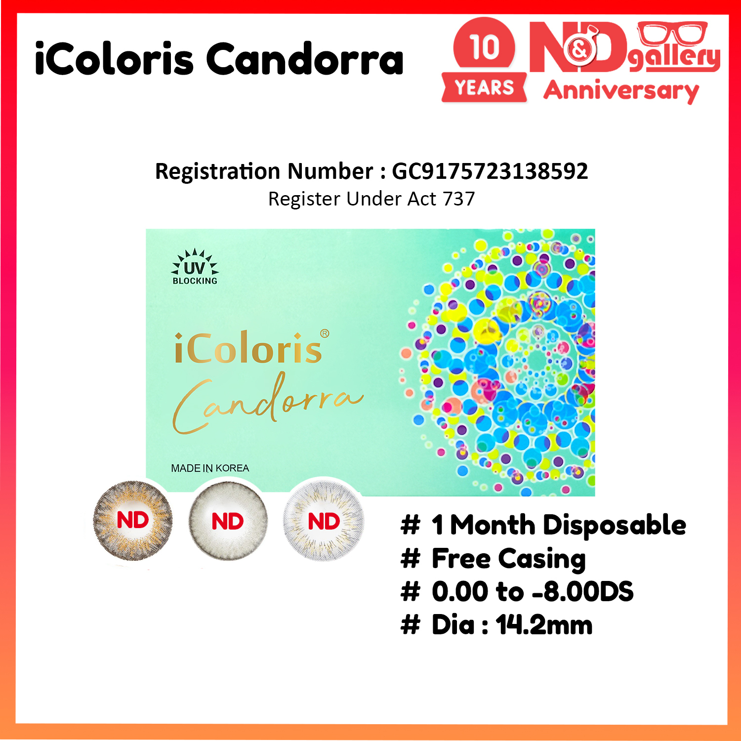 Bionics iColoris Candorra 1 Month Disposable 14.2mm 2 pcs/box 0.00 to -8.00 ( Shimmer grey , Shiny grey ,Smokey Grey)  MDA No : GB9175723-138592