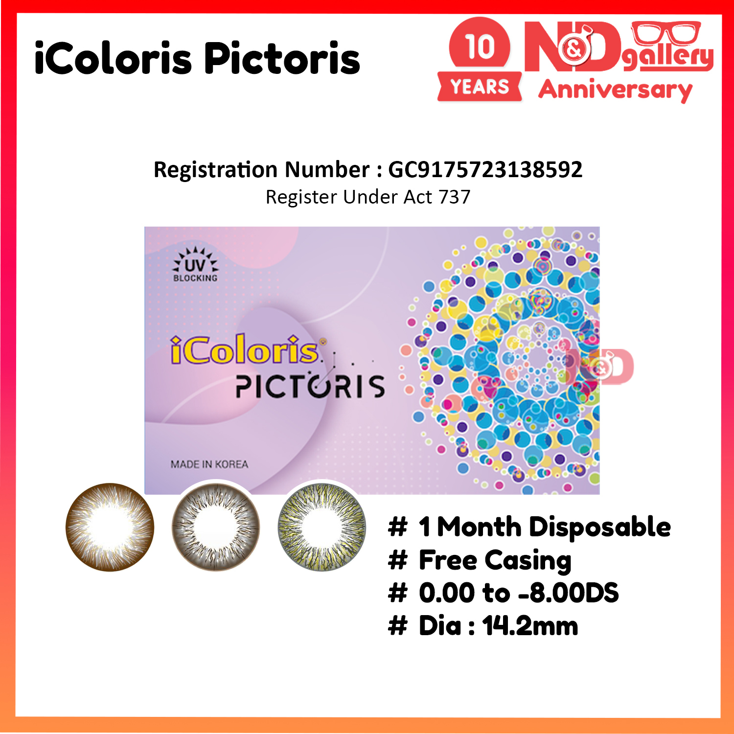 Bionics iColoris Pictoris 1 Month Disposable Color lens 14.2mm [Honey Grey , Silver , True Grey ] 0.00 to -8.00DS MDA No : GB9175723-138592