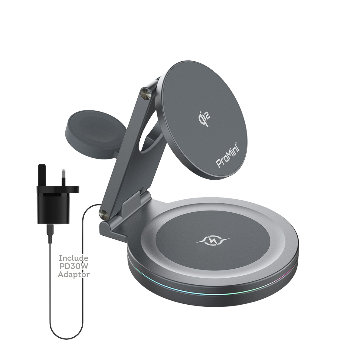 ProMini MagW3T 22.5W Qi2認證•三合一可旋轉無線快充座 連火牛