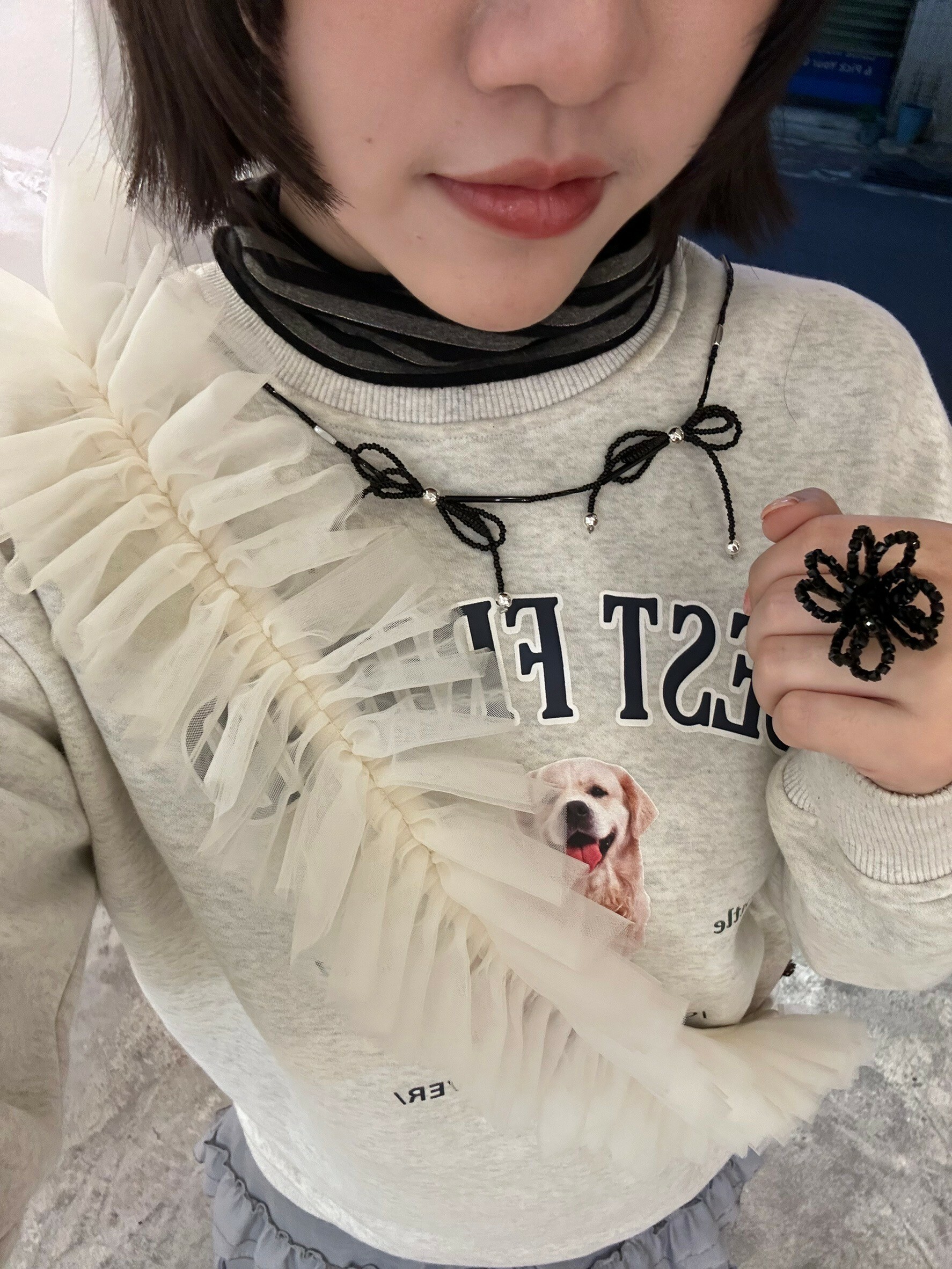 [Chouette Me.] ribbon necklace black