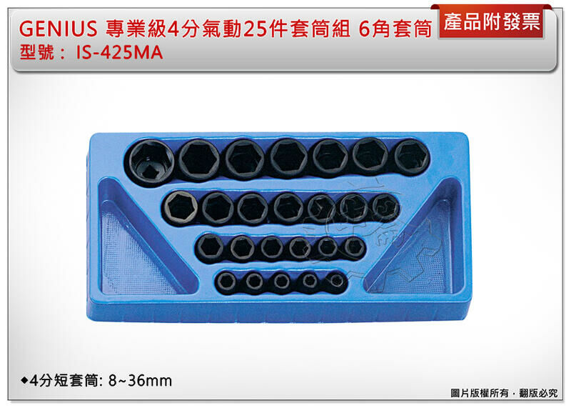 ＊中崙五金【附發票】加拿大GENIUS 專業級4分氣動套筒組 電動套筒 6角套筒 25件組 IS-425MA