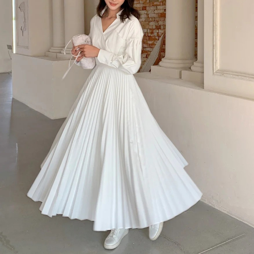 雲朵白V字翻領拼接百褶裙長洋裝-F (Elegant & Love)