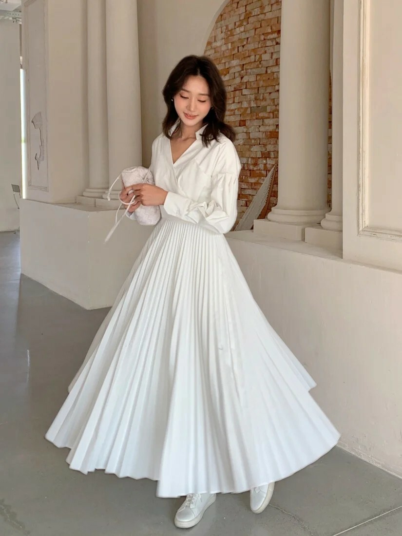 雲朵白V字翻領拼接百褶裙長洋裝-F (Elegant & Love)
