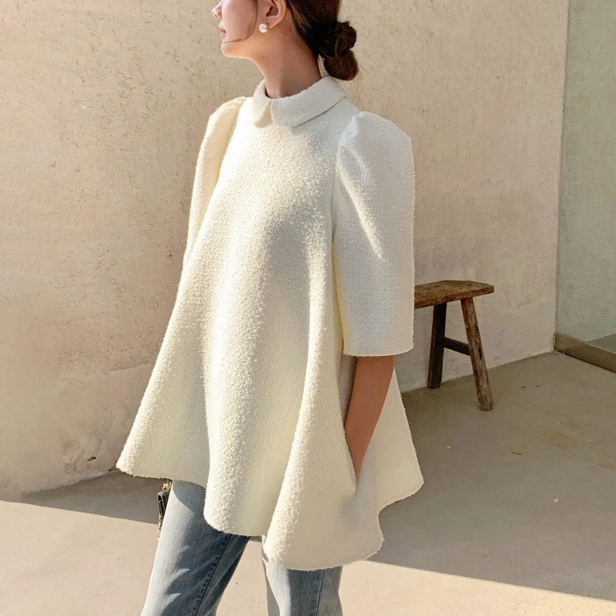 雲朵白澎澎袖翻領軟呢傘襬娃娃上衣-F (Elegant & Love)