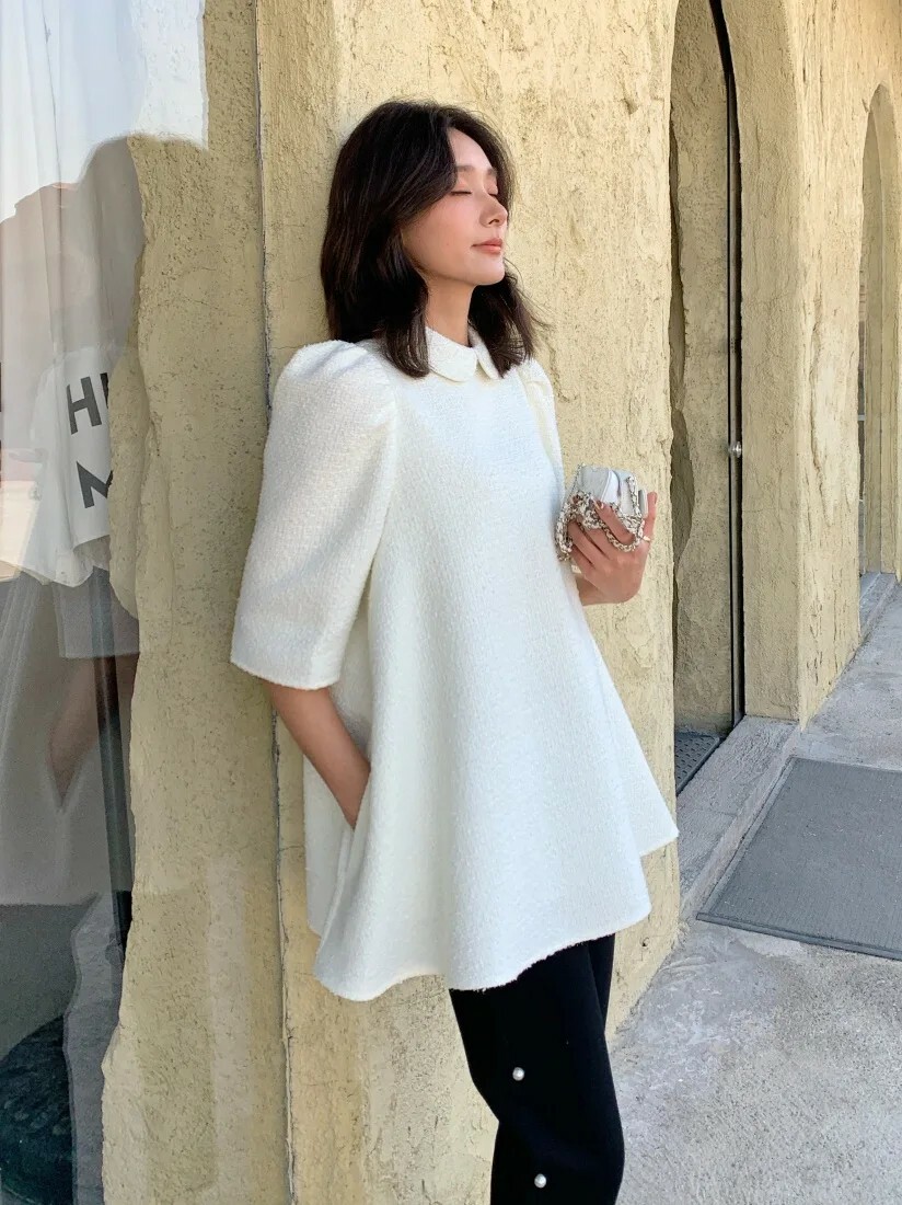 雲朵白澎澎袖翻領軟呢傘襬娃娃上衣-F (Elegant & Love)