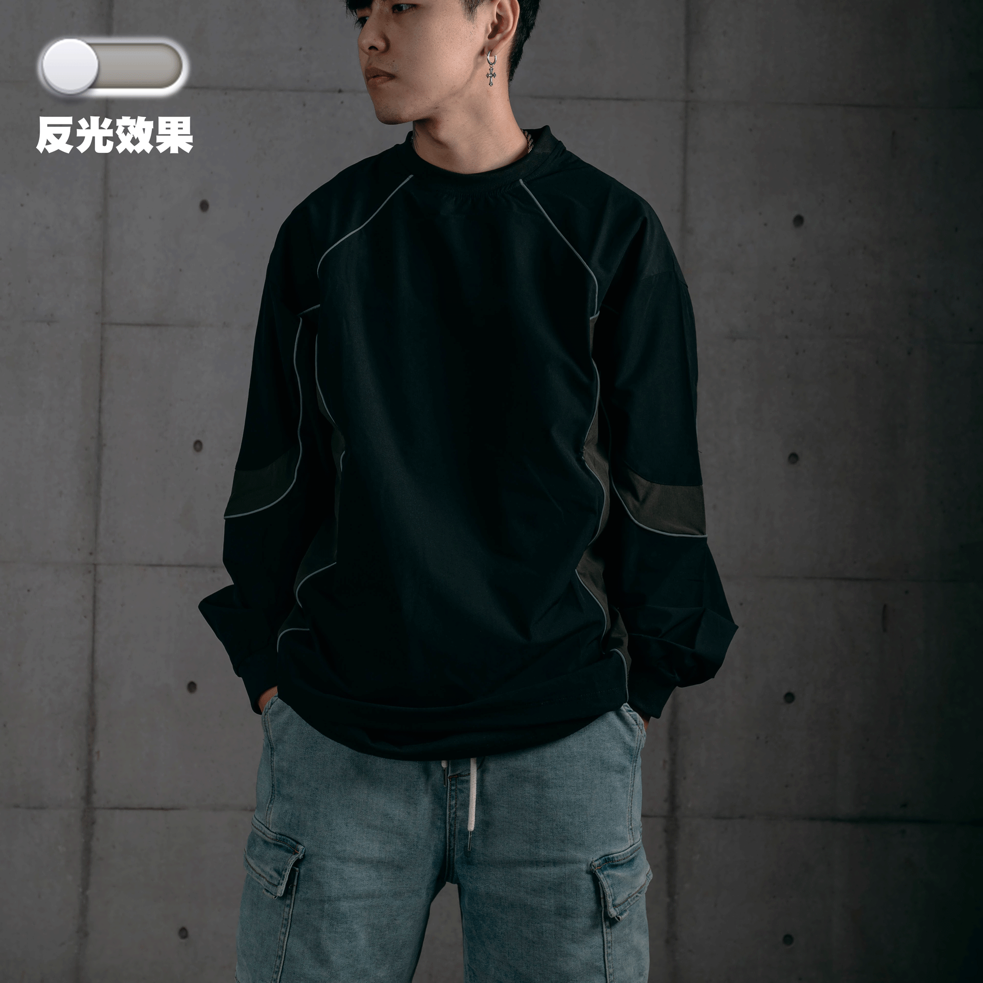 XCTRL 美式拼接防風長袖T-黑