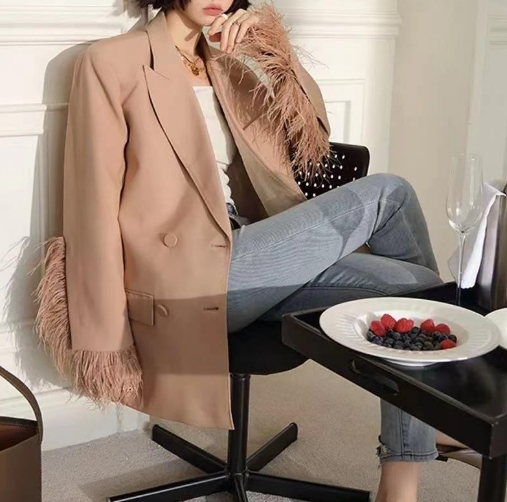 法式重工 鴕鳥毛寬版西裝外套