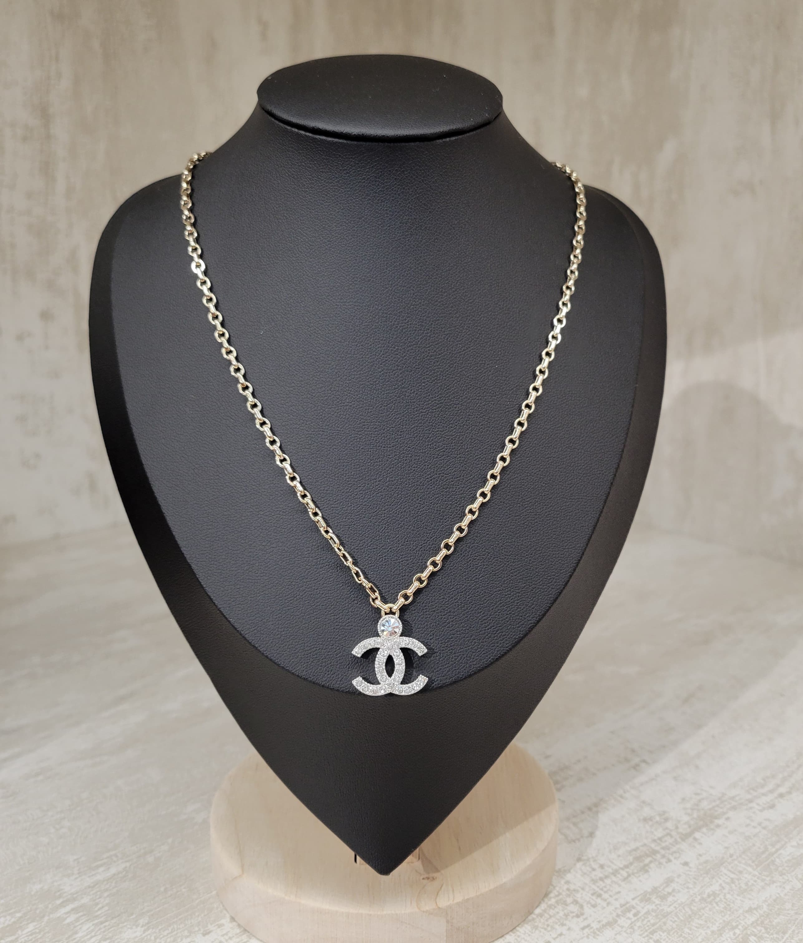CHANEL ABC147 NECKLACE SILVER LOGO GOLD CHAIN 36CM+6.5CM
