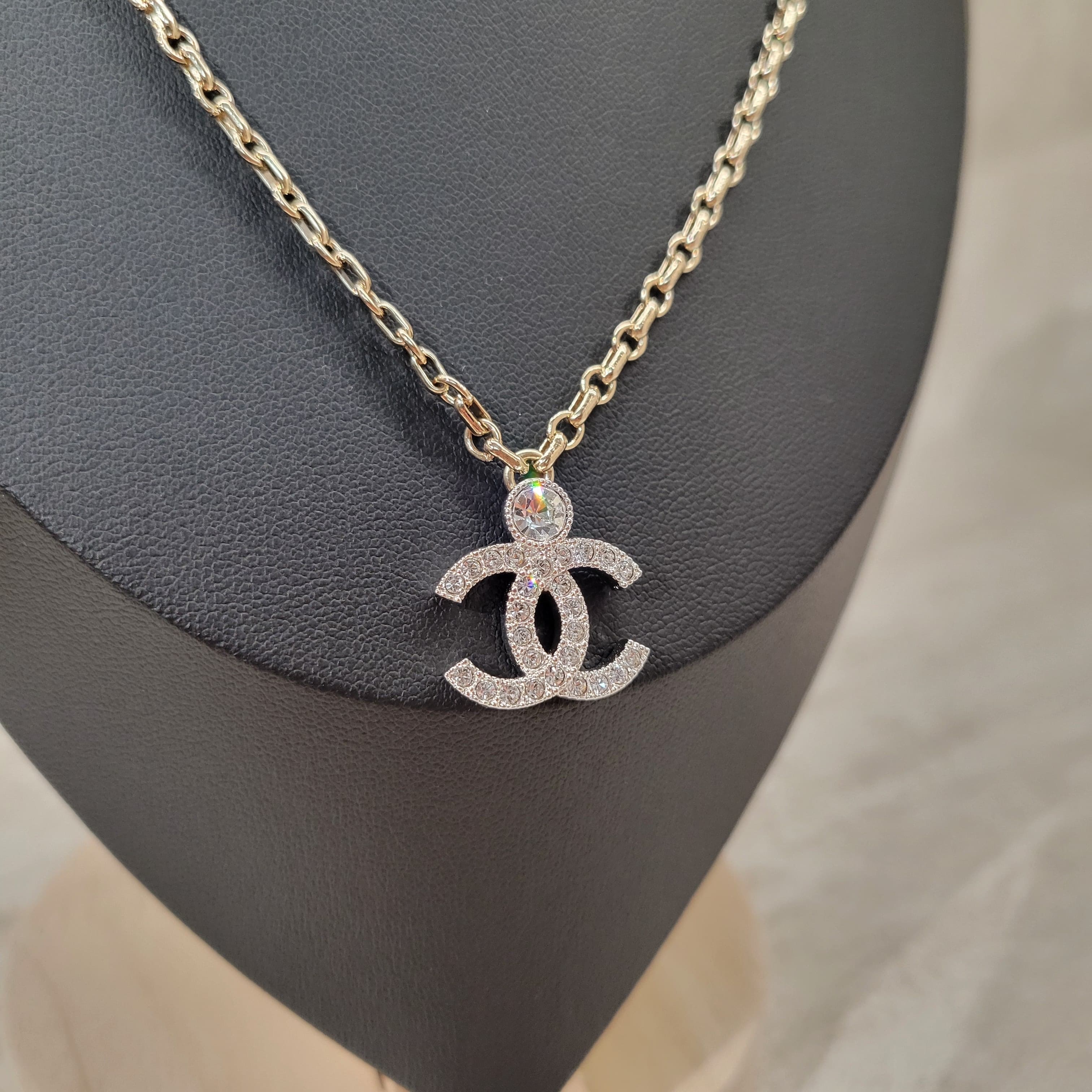 CHANEL ABC147 NECKLACE SILVER LOGO GOLD CHAIN 36CM+6.5CM