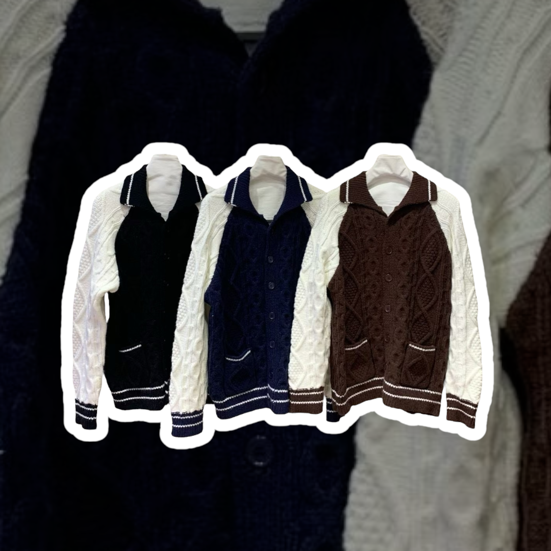 拚色翻領開衫針織外套