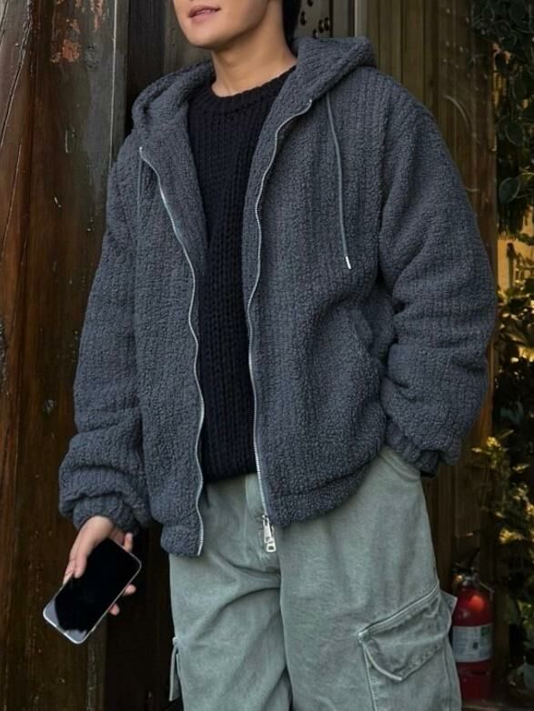 淨色暗直紋連帽拉鍊外套(夾棉) JK2594