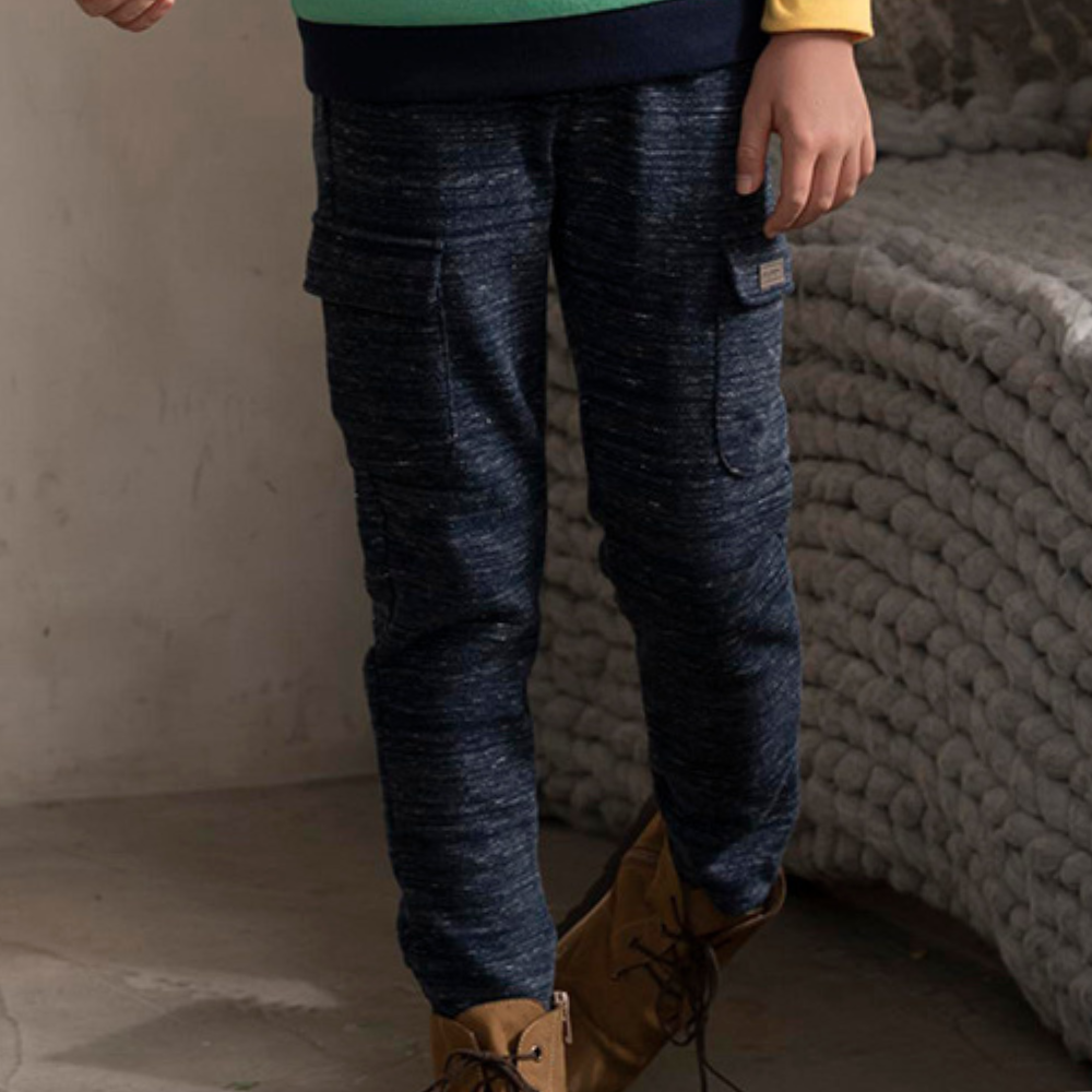 PIPPY 休閒褲管大口袋彈性棉長褲 深藍