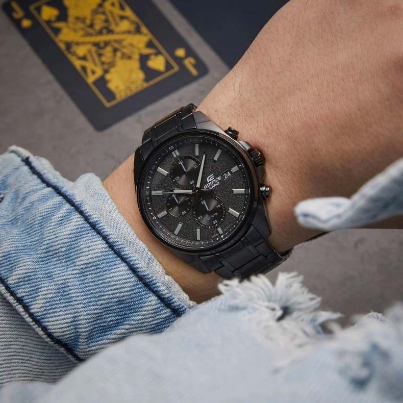 萬年鐘錶 - CASIO EDIFICE 系列  全黑三眼計時男錶  EFV-610DC-1AV 錶徑 : 43.8MM
