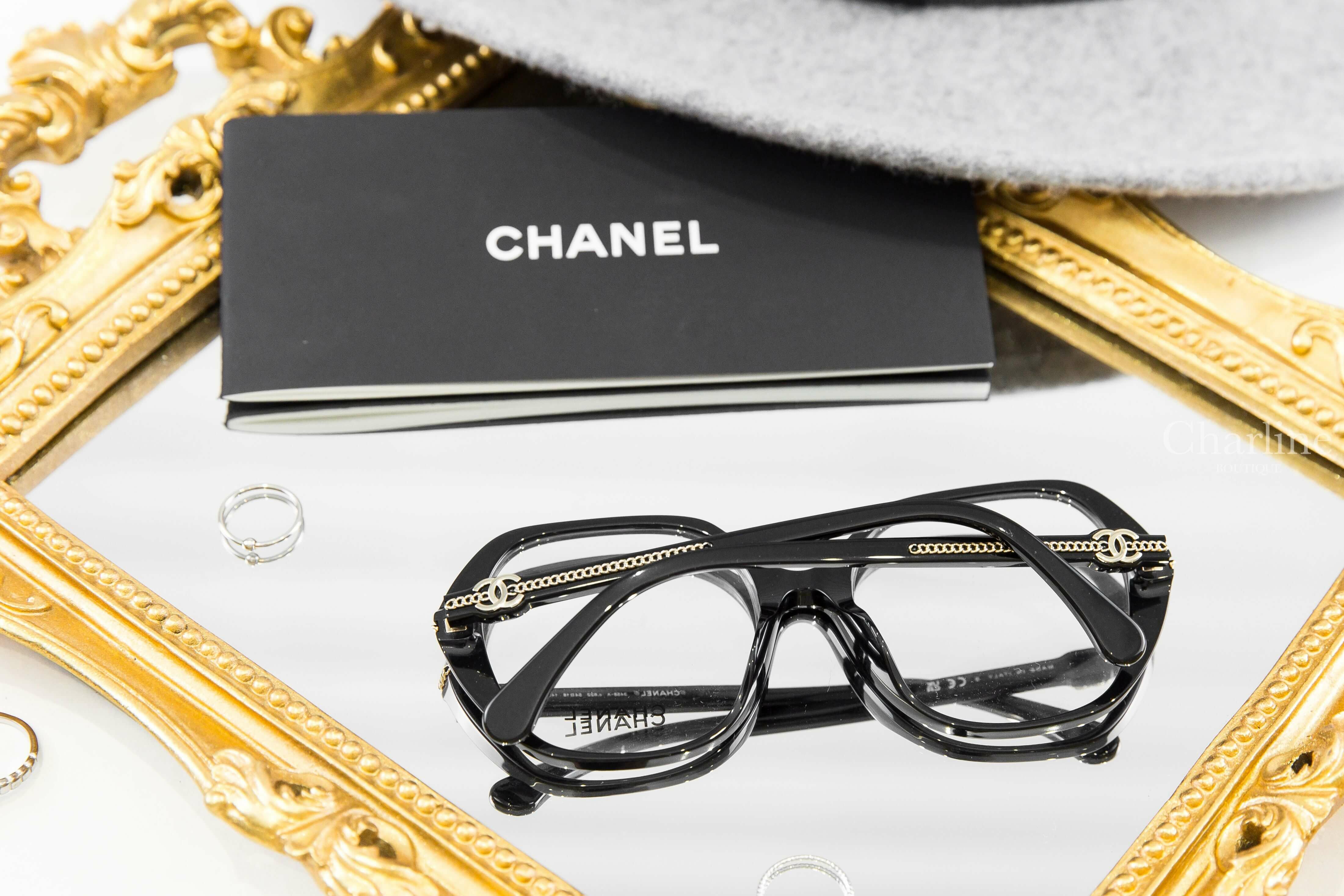 Chanel Square Eyeglasses 黑色方框側邊金CC金鍊平光眼鏡-Charline Boutique 精品代購